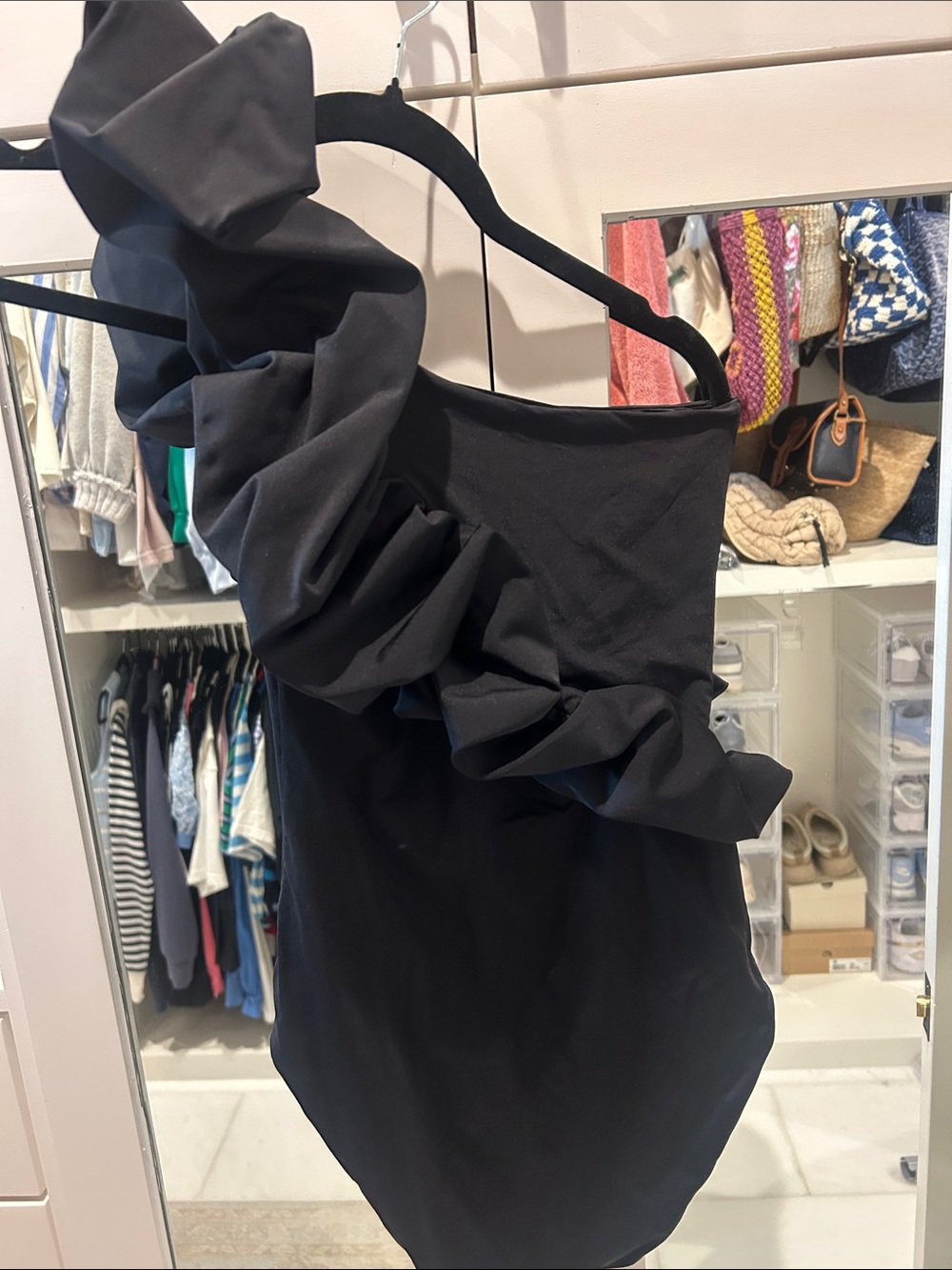 One-Shoulder Black Ruffled Bathing Suit - Picture 3 of 5